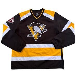 NHL Pittsburg Penguins Windbreaker Mens Large Black V Neck Pullover Mock Jersey